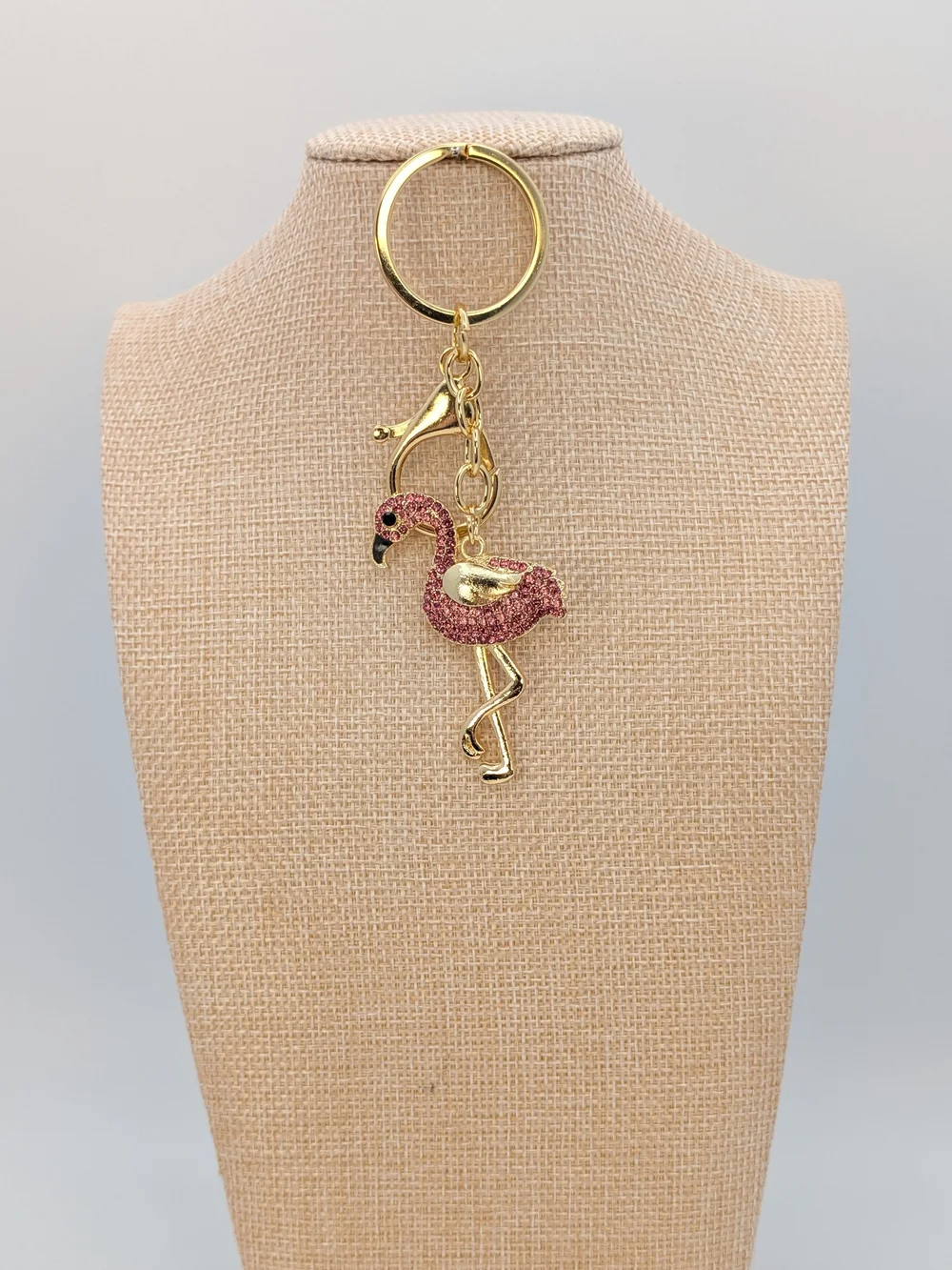 Pink Rhinestone Gold Tone Flamingo Keychain Bag Charm